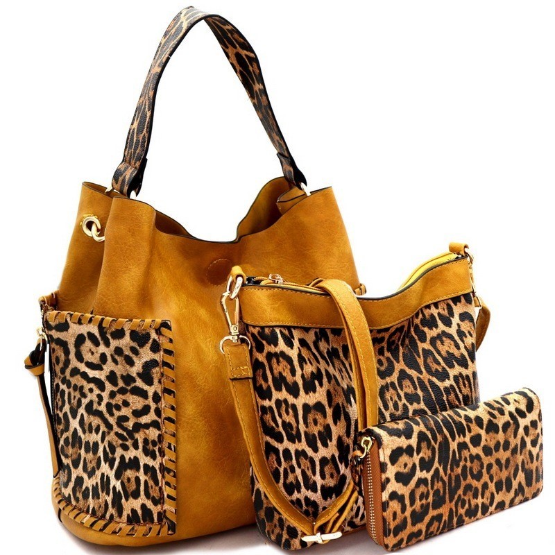 3 IN 1 FAUX LEATHER LEOPARD PRINT HOBO WALLET SET MH-LF5037T